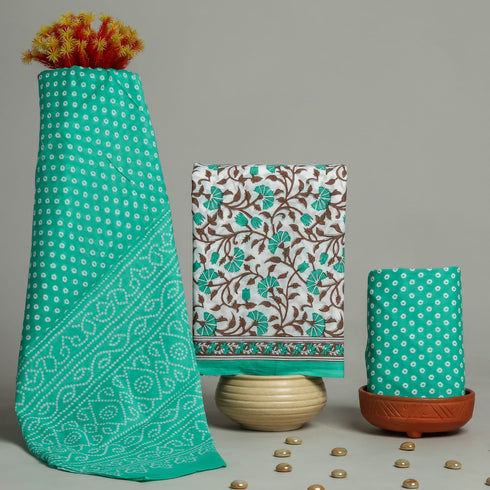 Jaal Hand Block Print Cotton Suit Set with Mulmul Dupatta (PRMUL76)